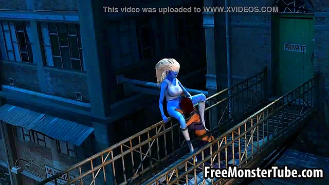 3D cartoon blue lesbian babe getting licked outdoors