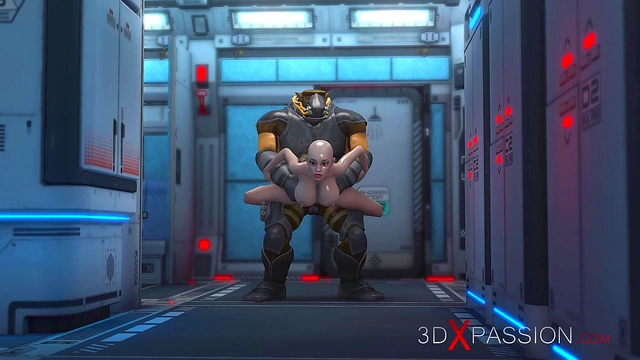 3d monster plays with a young woman in the Mars base camp