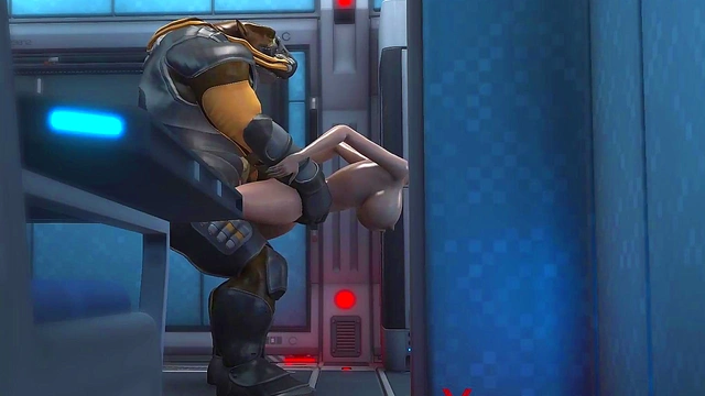 3d monster plays with a young woman in the Mars base camp