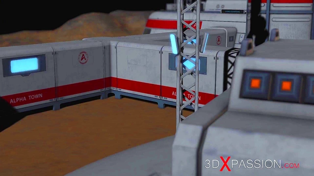 3d monster plays with a young woman in the Mars base camp