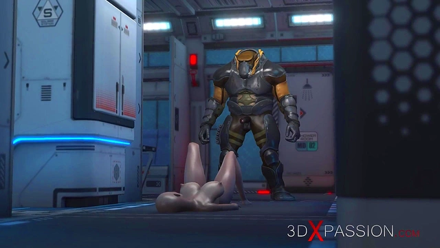 3d monster plays with a young woman in the Mars base camp