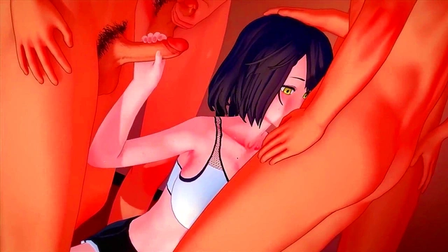 Hentai The naughty brunette loves group sex