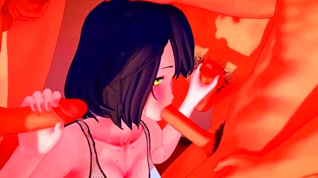 Hentai The naughty brunette loves group sex