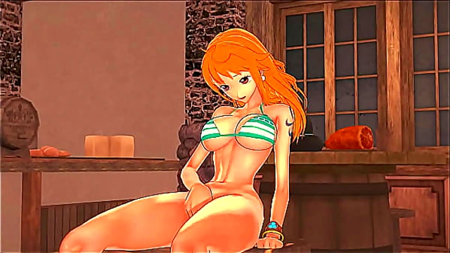 The cute pirate Nami fingers her pussy in a bar - One Piece Hentai