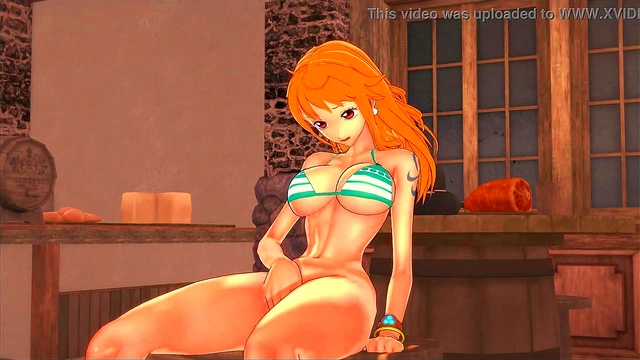 The cute pirate Nami fingers her pussy in a bar - One Piece Hentai
