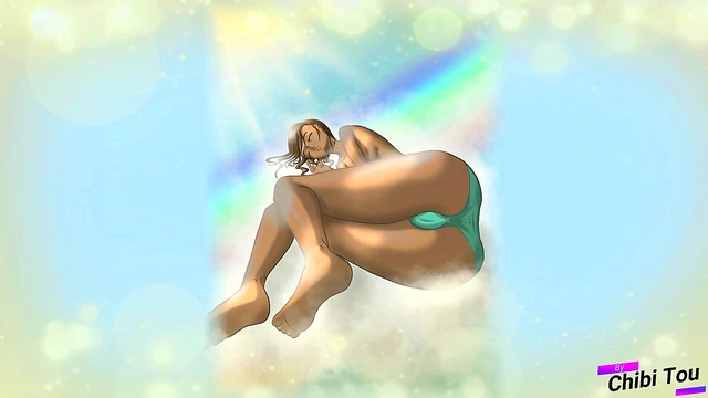 Girl lying down on clouds draw'like anime hentai
