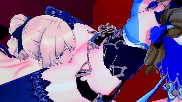 Jean fucks Lisa with a strapon in a hotel room Genshin Impact Hentai