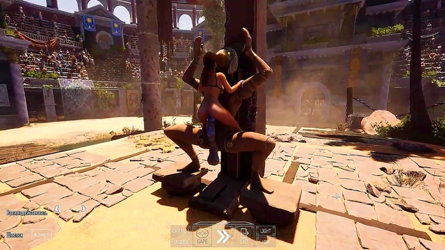 The ancient statue has awakened and is now rhythmically pounding Lara in all her holes 3D