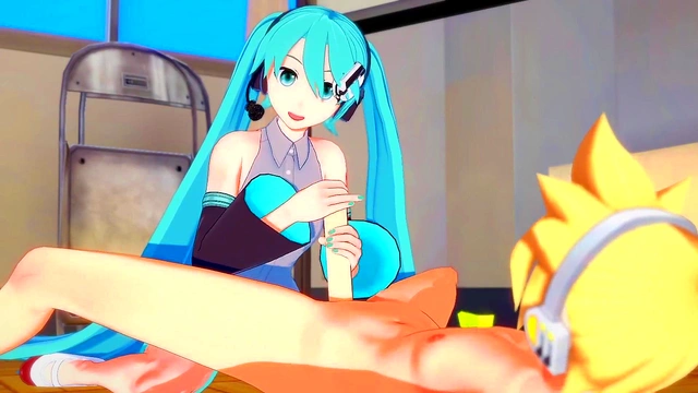 Vocaloid Hentai 3D - Len and Miku Handjob and blowjob with cum in her mouth