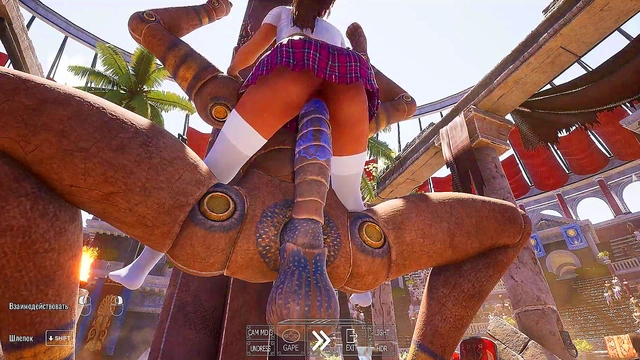 An ancient statue awakened and began to fuck Lara in an arena with 1,000 spectators 3D
