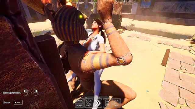 An ancient statue awakened and began to fuck Lara in an arena with 1,000 spectators 3D