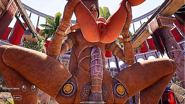 A huge dick against Lara Croft's tight ass in an arena where 1,000 spectators are