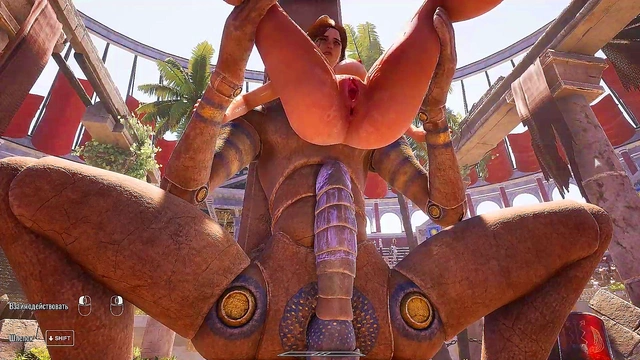 A huge dick against Lara Croft's tight ass in an arena where 1,000 spectators are