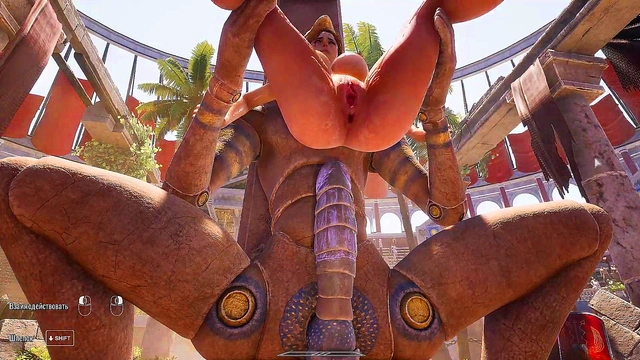 A huge dick against Lara Croft's tight ass in an arena where 1,000 spectators are