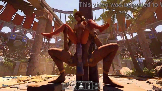 A huge dick against Lara Croft's tight ass in an arena where 1,000 spectators are