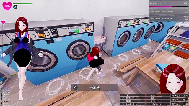 [Play video 009] A futanari with a penis in a swimsuit goes wild at a laundromat in the