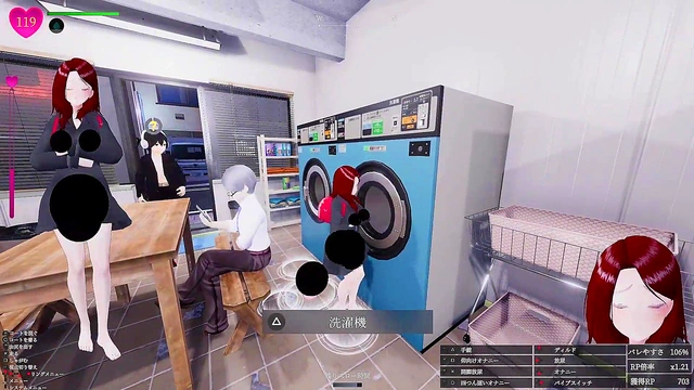 [Play video 009] A futanari with a penis in a swimsuit goes wild at a laundromat in the