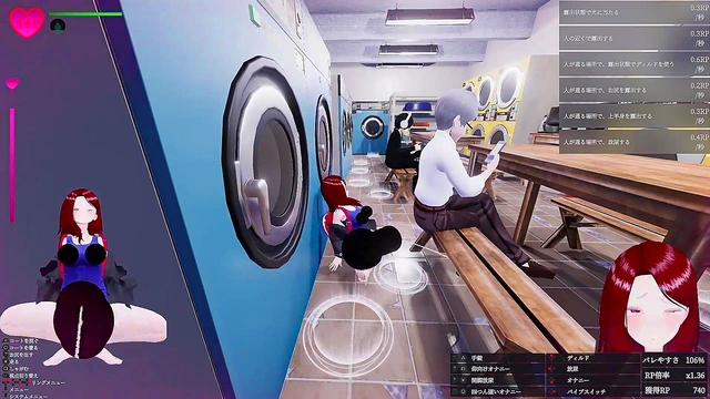 [Play video 009] A futanari with a penis in a swimsuit goes wild at a laundromat in the