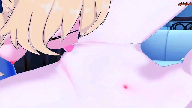 Sucrose gets her pussy eaten by Fischl before they trib to orgasm - Genshin Impact