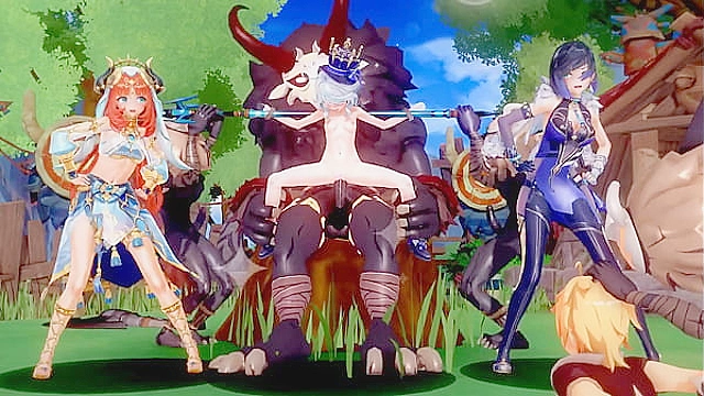 Anime Girls Genshin Furina Nilou Yelan MMD Action Scene Fantasy