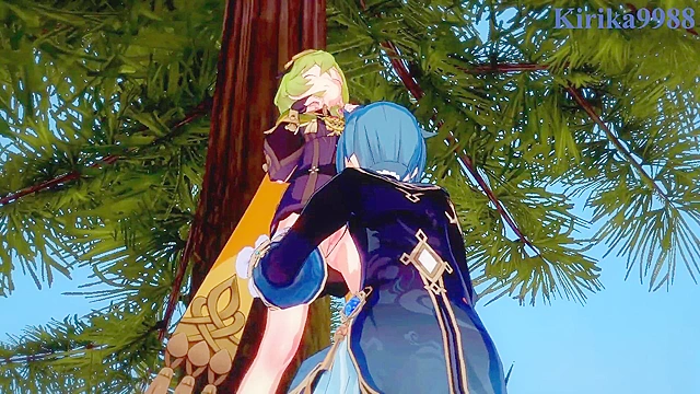 Shenhe Collei and Xingqiu enjoy passionate moments together in this anime scene