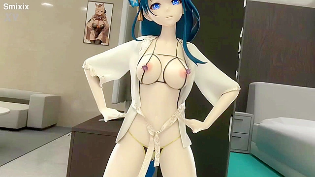 Blue-haired anime goddess dances seductively in Shogun Raiden cosplay scene