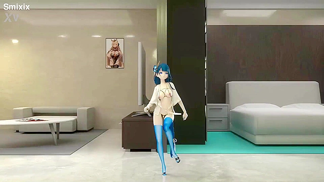 Blue-haired anime goddess dances seductively in Shogun Raiden cosplay scene