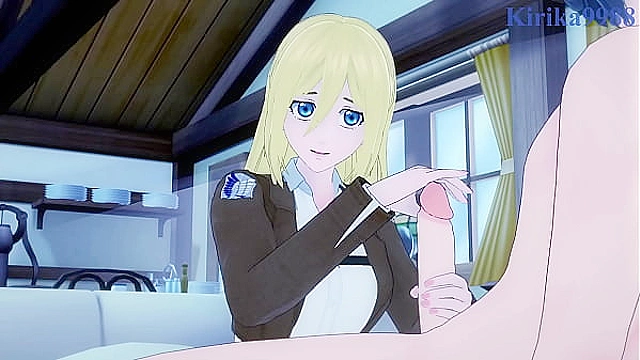 Mikasa Ackerman and Krista Lenz share a passionate moment from Attack on Titan anime series